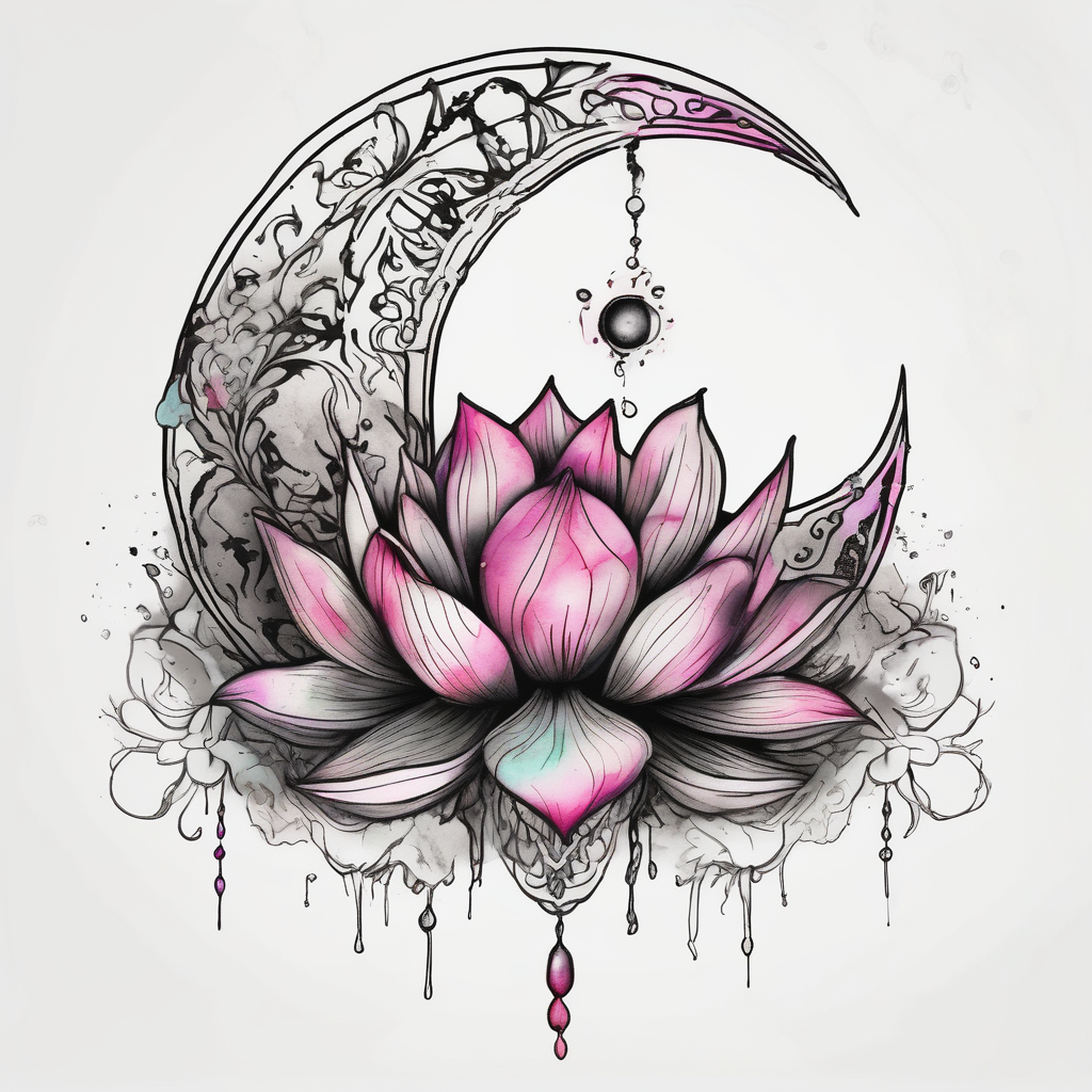 crescent floral moon with lotus flower floral sleeve tattoo, diseño de tatuaje Acuarela generado con IA